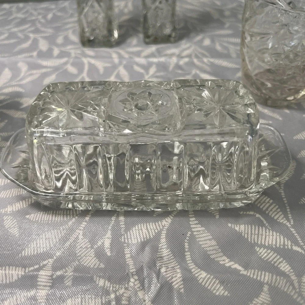 ANCHOR‎ HOCKING EARLY AMERICAN PRESCUT DAVID'S STAR 7 PIECE TABLE SERVICE SET